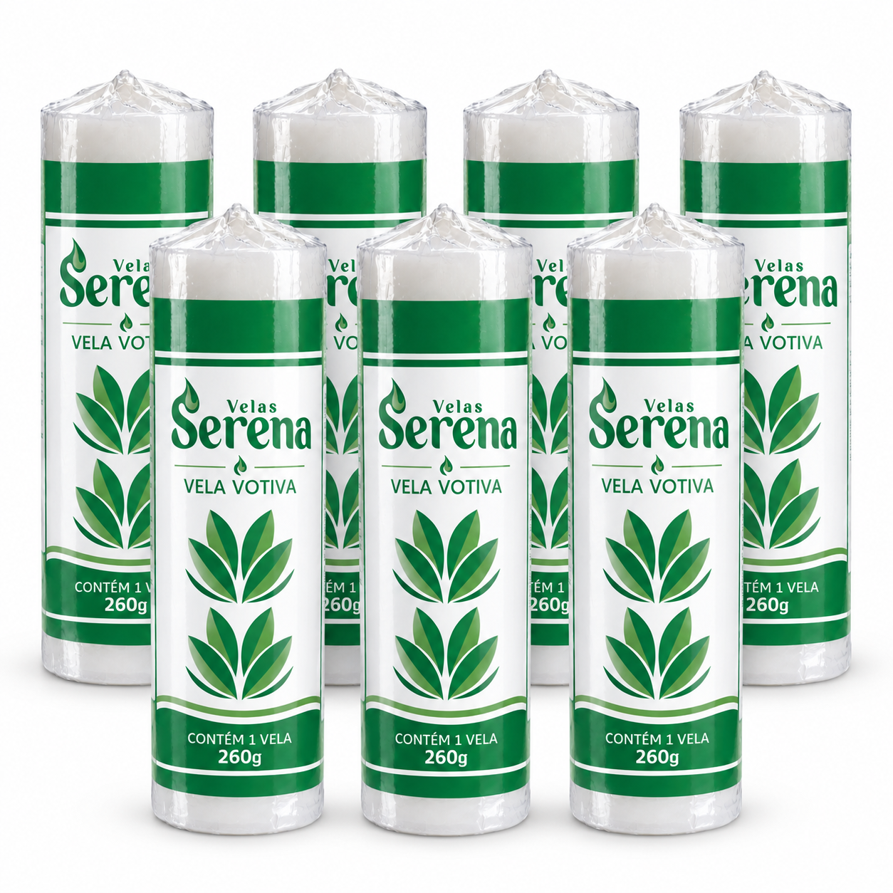 Conjunto ilustrativo de velas votivas Serena embaladas sobre fundo branco